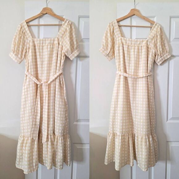 Lulus Love Me Sweeter Peach Gingham Puff Sleeve Midi Dress M NWOT - Picture 3 of 10